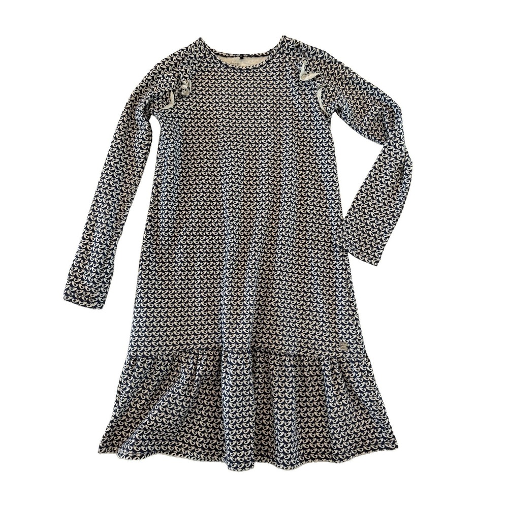 Deux Par Deux Organic Cotton Long Sleeve Dress Flare Blue & White Girls Size 12